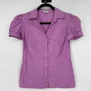 VTG Hannah Stretch Purple Polka Dot Pintuck Puff Sleeve Button Up Blouse Top S